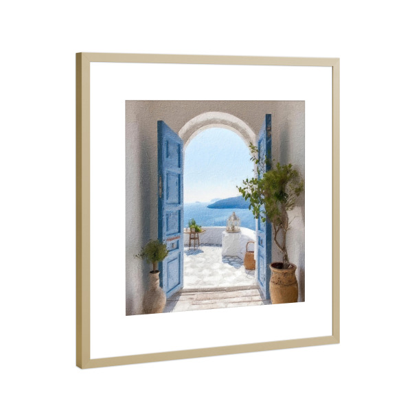 Poster mit Rahmen Gold "Blaue griechische Tür C" artboxONE - Natur,Architektur - Tür,Eingang,Balkon,Pflanzen