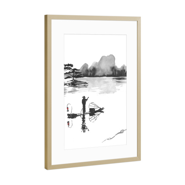 Poster mit Rahmen Gold "Quadriptyque Japan zweiter Teil" artboxONE - Natur,Reise / Asien - Fischer,Fluss,Sumie,Japan