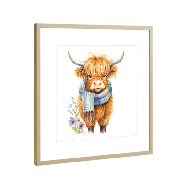 Poster mit Rahmen Gold "Highland Cow Schal A" artboxONE - Für Kinder,Tiere - Hochland,Kuh,Rind,Niedlich,Schal,Winter,Blumen,Blume,Baby,Kinder