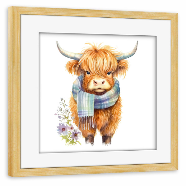 Poster mit Rahmen kiefer "Highland Cow Schal A" artboxONE - Für Kinder,Tiere - Hochland,Kuh,Rind,Niedlich,Schal,Winter,Blumen,Blume,Baby,Kinder