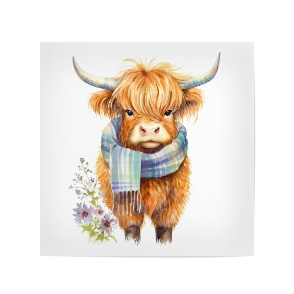 Poster 20x20 cm "Highland Cow Schal A" artboxONE - Für Kinder,Tiere - Hochland,Kuh,Rind,Niedlich,Schal,Winter,Blumen,Blume,Baby,Kinder