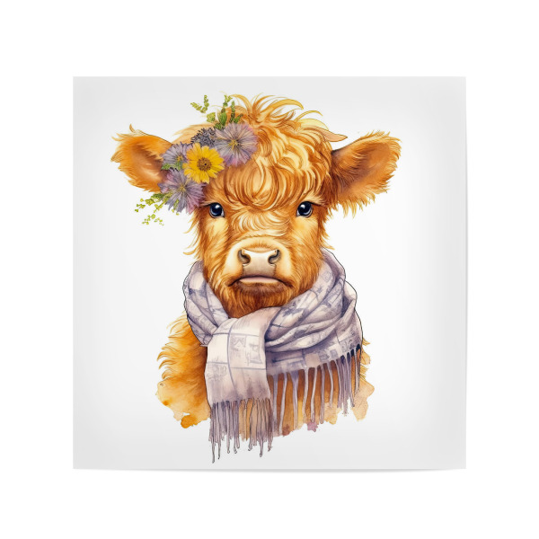Poster 20x20 cm "Highland Cow Schal B" artboxONE - Floral,Tiere - Kuh,Rinder,Hochland,Niedlich,Blumen,Blumen,Schal,Winter,Kinder,Kindergarten,Baby