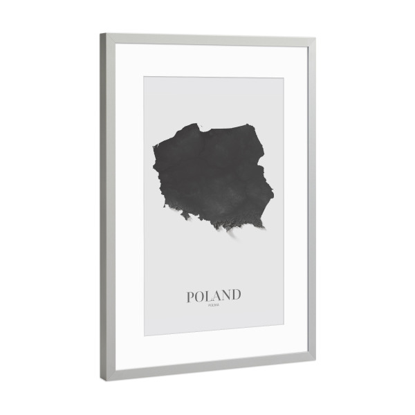 Poster mit Rahmen Silber "Polen 3D-Karte - Schwarz und Weiß" artboxONE - Reise,Kartografie