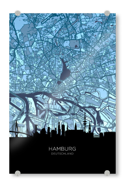 Acrylglasbild "Hamburg Skyline Map Blues" artboxONE - Städte,Städte / Hamburg