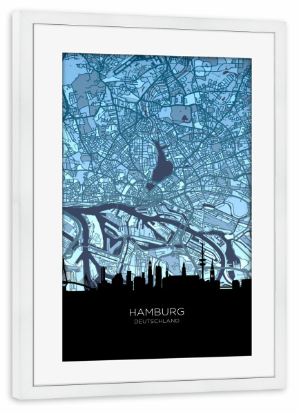 Poster mit Rahmen weiß "Hamburg Skyline Map Blues" artboxONE - Städte,Städte / Hamburg