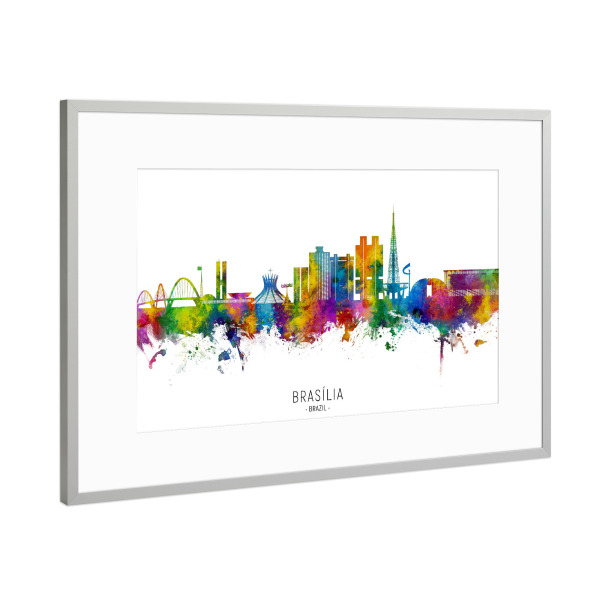 Poster mit Rahmen Silber "Brasilia Brasilien Skyline txt" artboxONE - Städte - Brasilia,Brasilien,Skyline,Stadtbild,Stadtbild,Aquarell,Malerei
