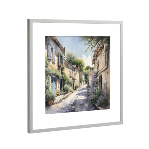 Poster mit Rahmen Silber "Dorfgasse C" artboxONE - Natur,Floral,Architektur - Dorf,Gasse,Blick auf die straße,Häuser,Häuser,Lavendel
