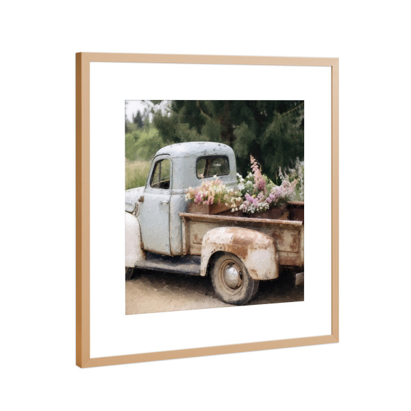 Poster mit Rahmen Kupfer "Blumenpflücker L" artboxONE - Natur,Floral,Automobile - Vintage,Automobil,Pickup,Lkw,Blumen,Blume,Feld,Natur