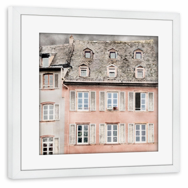 Poster mit Rahmen weiß "Rosey-Gebäude" artboxONE - Architektur,Städte / Paris - Gebäude,Architektur,Haus,Häuser,Paris,Frankreich,Rosa