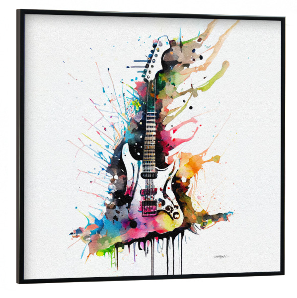 Poster mit schwarzem Rahmen 30x30 cm "Bunte Aquarellgitarre" artboxONE - Abstrakt,Musik - Musik,Gitarre,Splatter,Tropfen,Bunt,Mehrfarbig,Instrumente