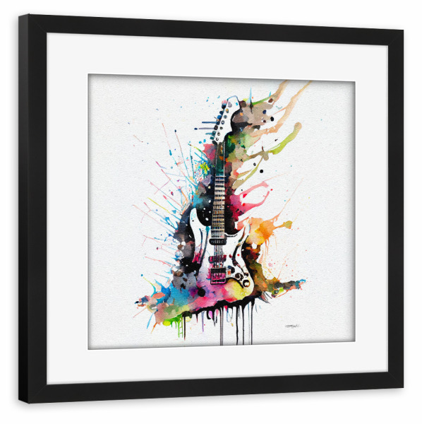 Poster mit Rahmen schwarz "Bunte Aquarellgitarre" artboxONE - Abstrakt,Musik - Musik,Gitarre,Splatter,Tropfen,Bunt,Mehrfarbig,Instrumente