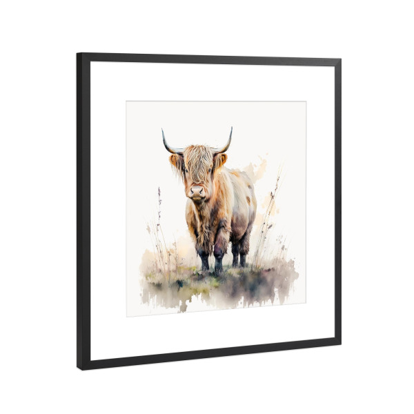 Poster mit Rahmen Schwarz (Metallic) "Highland Cow Field E" artboxONE - Natur,Tiere - Kuh,Rinder,Tiere,Hochland,Feld,Natur,Landschaft,Aquarell