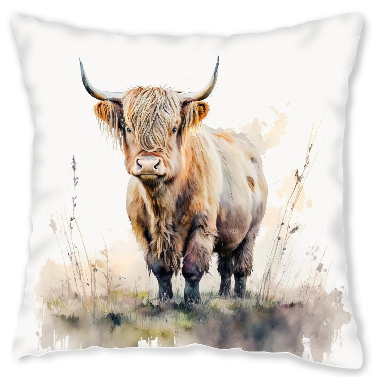 Design-Kissen "Highland Cow Field E" artboxONE - Natur,Tiere - Kuh,Rinder,Tiere,Hochland,Feld,Natur,Landschaft,Aquarell
