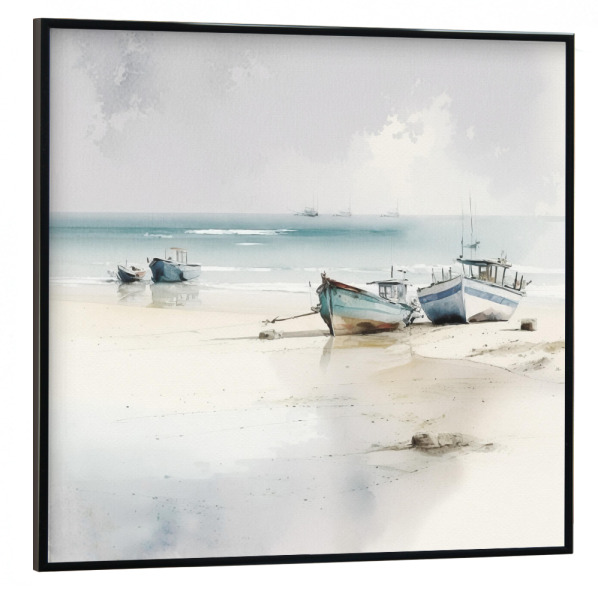 Poster mit schwarzem Rahmen 30x30 cm "Ruderboot Aquarell" artboxONE - Reise / Strand und Meer - Aquarell,Nautik,Ozean,Meer,Ufer,Sand,Wellen,Boote