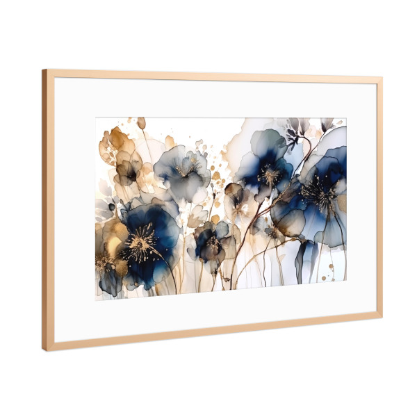 Poster mit Rahmen Kupfer "Navy und Gold Botanicals F" artboxONE - Floral,Abstrakt - Marine,Gold,Botanisch,Blumen,Blumen