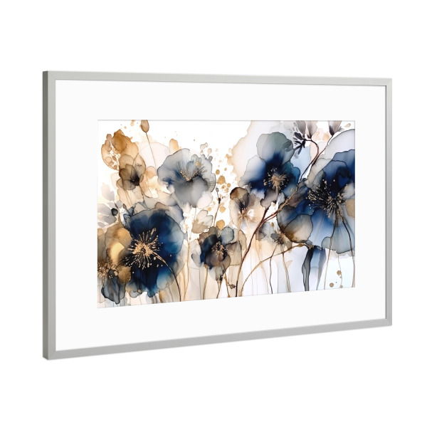 Poster mit Rahmen Silber "Navy und Gold Botanicals F" artboxONE - Floral,Abstrakt - Marine,Gold,Botanisch,Blumen,Blumen