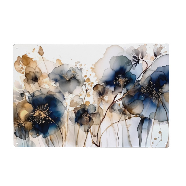 Holzbild "Navy und Gold Botanicals F" artboxONE - Floral,Abstrakt - Marine,Gold,Botanisch,Blumen,Blumen