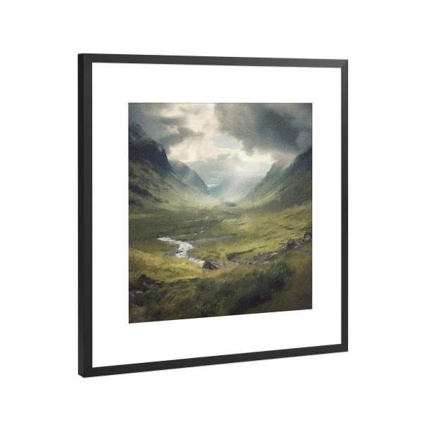 Poster mit Rahmen Schwarz (Metallic) "Schottische Highlands-Landschaft" artboxONE - Natur - Landschaft,Berge,Schottisches hochland,Fluss,Wolken,Natur