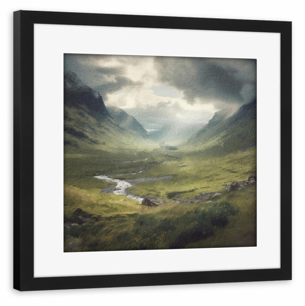 Poster mit Rahmen schwarz "Schottische Highlands-Landschaft" artboxONE - Natur - Landschaft,Berge,Schottisches hochland,Fluss,Wolken,Natur