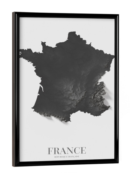 Poster mit schwarzem Rahmen "Frankreich 3D-Karte - SW" artboxONE - Reise,Kartografie