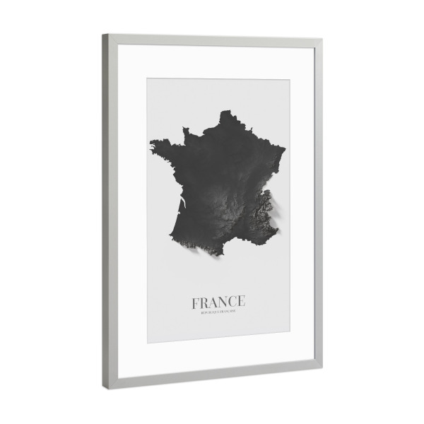 Poster mit Rahmen Silber "Frankreich 3D-Karte - SW" artboxONE - Reise,Kartografie