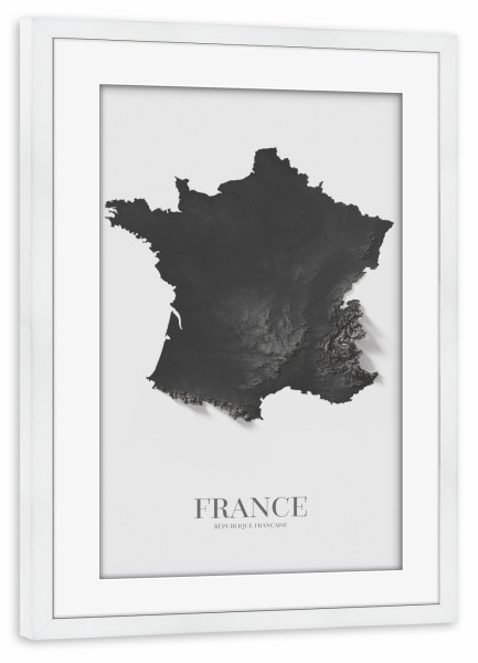 Poster mit Rahmen weiß "Frankreich 3D-Karte - SW" artboxONE - Reise,Kartografie