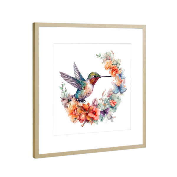 Poster mit Rahmen Gold "Kolibri D" artboxONE - Floral,Tiere - Tiere,Vögel,Kolibri,Bunt,Aquarell,Blumen,Blumen