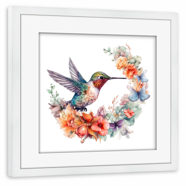 Poster mit Rahmen weiß "Kolibri D" artboxONE - Floral,Tiere - Tiere,Vögel,Kolibri,Bunt,Aquarell,Blumen,Blumen