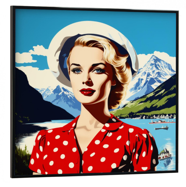 Poster mit schwarzem Rahmen 30x30 cm "SWISS WOMAN IN THE MOUNTAINS" artboxONE - Reise / Länder - Schweiz,Frau,Popart,Woman,Kultur,Tracht