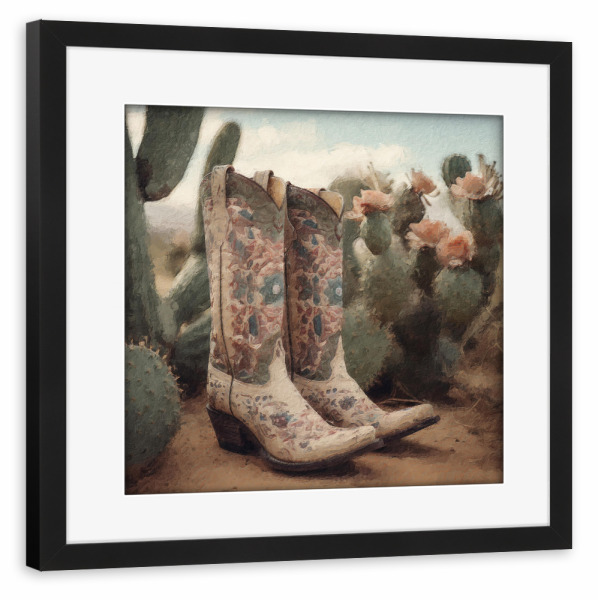 Poster mit Rahmen schwarz "Cowgirl-Stiefel H" artboxONE - Natur,Floral,Fashion - Kaktus,Blumen,Blume,Wüste,Landschaft,Cowgirl,Stiefel,Mode