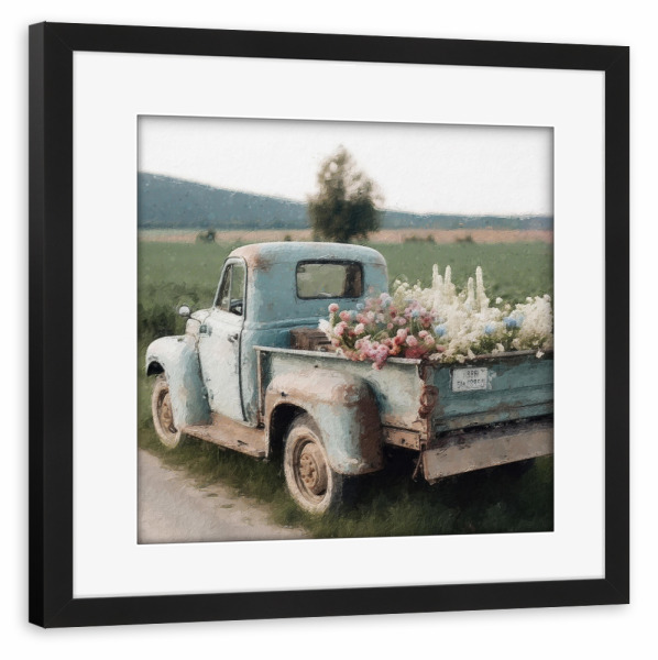 Poster mit Rahmen schwarz "Blumenpflücker H" artboxONE - Natur,Floral,Automobile - Vintage,Blume,Blumen,Feld,Natur,Automobil,Pickup,Lkw