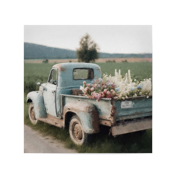 Poster 20x20 cm "Blumenpflücker H" artboxONE - Natur,Floral,Automobile - Vintage,Blume,Blumen,Feld,Natur,Automobil,Pickup,Lkw