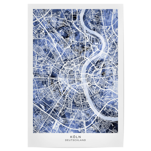 Poster "Köln Deutschland Stadtplan Blau" artboxONE - Städte - Köln,Deutschland,Stadtkarte,Karte,Stadtplan,Aquarell,Malerei
