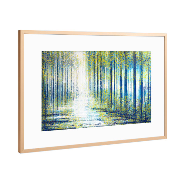Poster mit Rahmen Kupfer "Waldweg in der Dämmerung" artboxONE - Natur,Abstrakt - Abstrakt,Natur,Wald,Bäume,Wege,Blau,Grün,Gelb,Wald