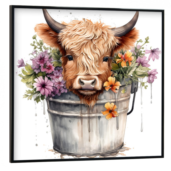 Poster mit schwarzem Rahmen 30x30 cm "Highland Cow Wanne L" artboxONE - Floral,Tiere - Tiere,Kuh,Hochland,Niedlich,Wanne,Bad,Blumen,Blume