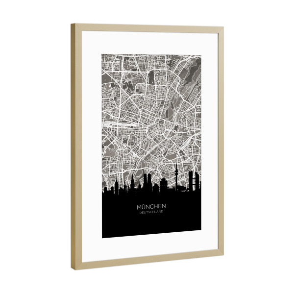 Poster mit Rahmen Gold "München Skyline Karte BW" artboxONE - Städte,Städte / München
