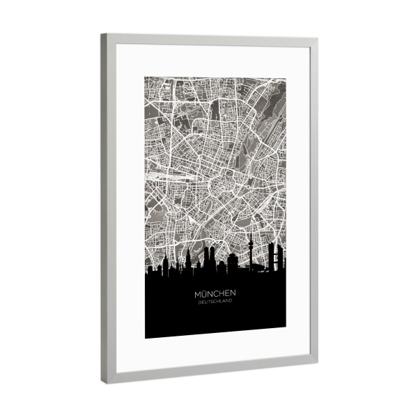 Poster mit Rahmen Silber "München Skyline Karte BW" artboxONE - Städte,Städte / München