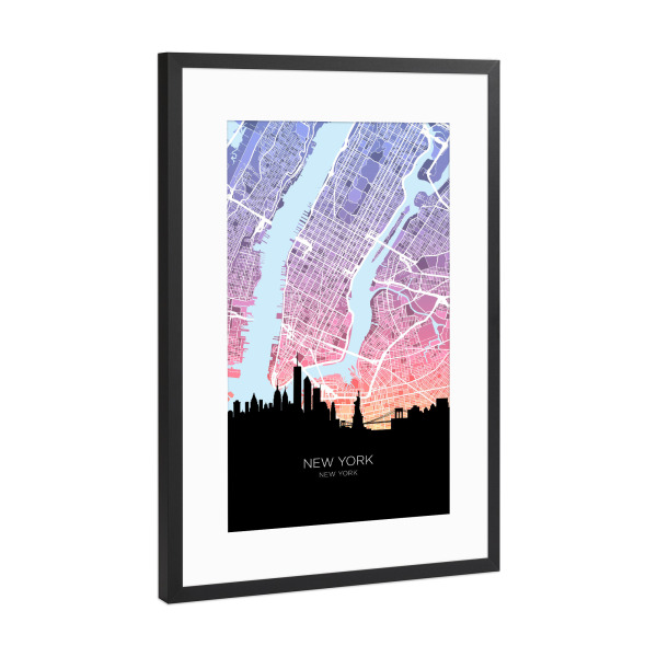 Poster mit Rahmen Schwarz (Metallic) "New York City Karte Pastell" artboxONE - Städte,Städte / New York