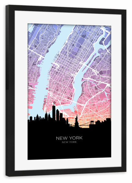 Poster mit Rahmen schwarz "New York City Karte Pastell" artboxONE - Städte,Städte / New York
