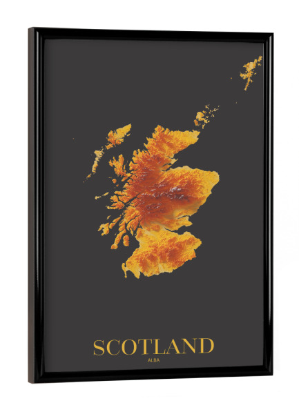 Poster mit schwarzem Rahmen "Schottland 3D-Karte – Gold" artboxONE - Reise,Kartografie