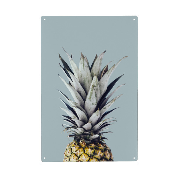 Metall Poster "Pineapple in blue background" artboxONE - Floral - Ananas,Blau,Blumig,Obst,Fotografie,Collage,Modern,Blätter,Natur,Sommer