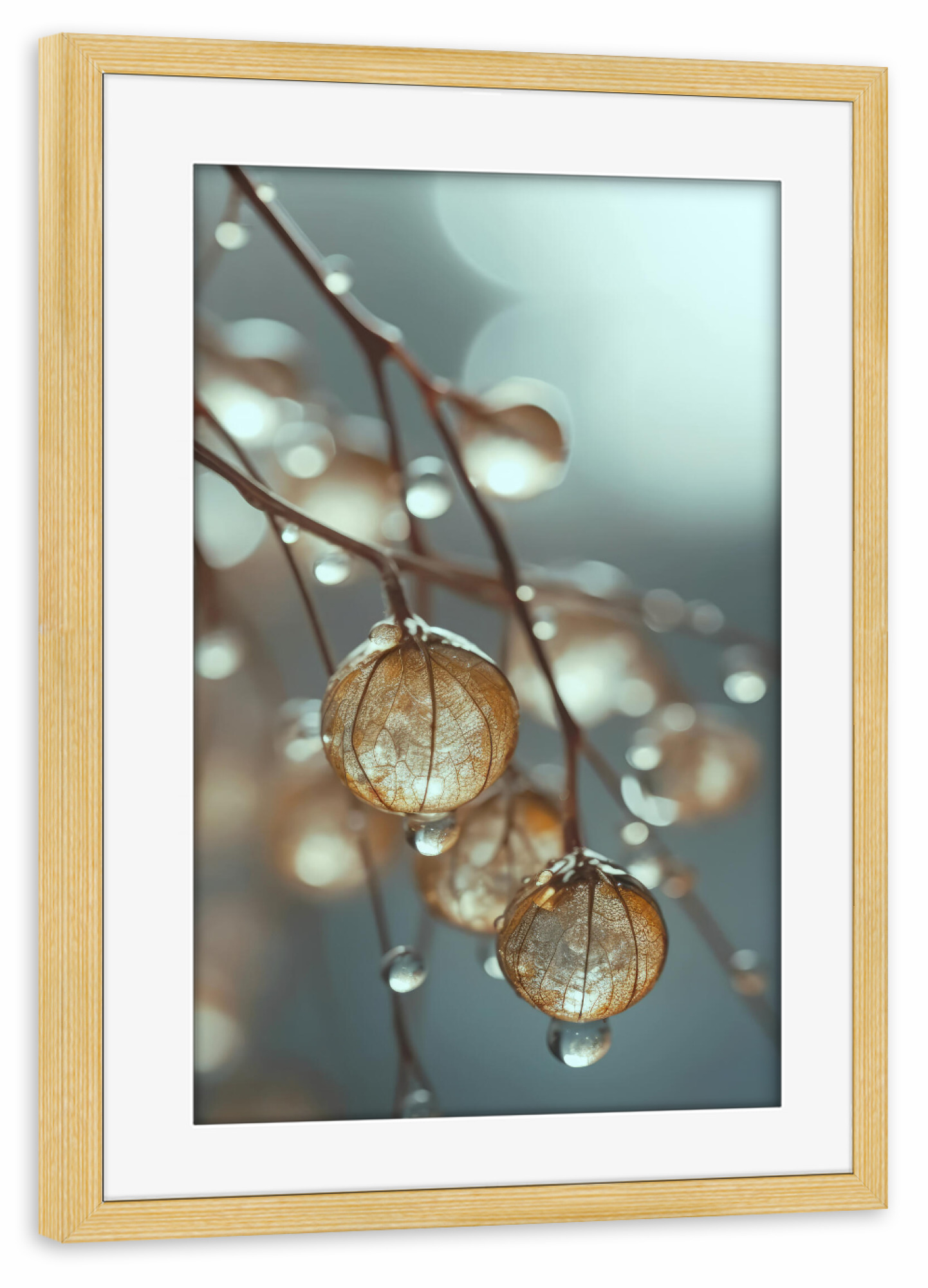 Poster mit Rahmen kiefer "Tiny Glassy Berries" artboxONE - Natur,Floral,Für Mama - Natur,Fotografie,Digitale kunst,Beeren,Tropfen,Wasser,Makro