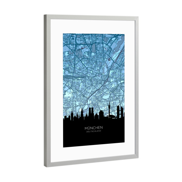 Poster mit Rahmen Silber "München Skyline Map Blues" artboxONE - Städte,Städte / München