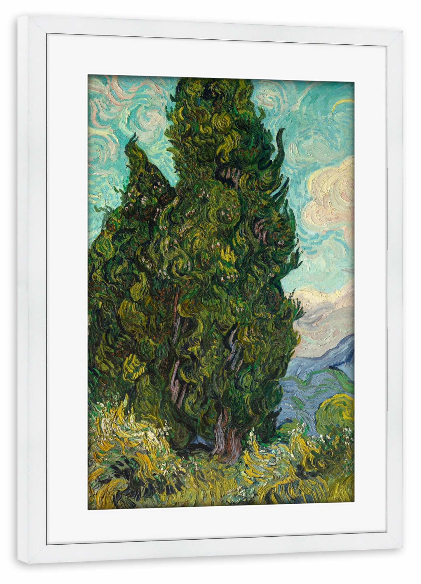 Poster mit Rahmen weiß "Zypressen Landschaft" artboxONE - Natur,Floral,Abstrakt