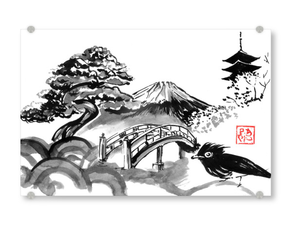 Acrylglasbild "Großer Zen-Garten" artboxONE - Schwarzweiß,Reise / Asien - Zen,Garten,Vogel,Pagode,Sumie,Japan,Fuji,Bonsai
