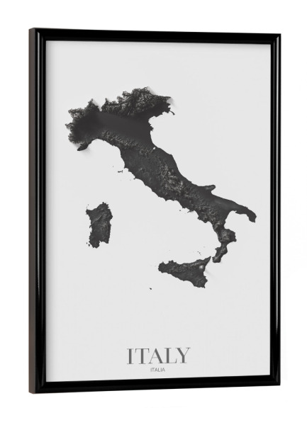 Poster mit schwarzem Rahmen "Italien 3D-Karte - Black and White" artboxONE - Kartografie - Italien,Italien karte,3d karte,Karte,Minimal,Minimal karte