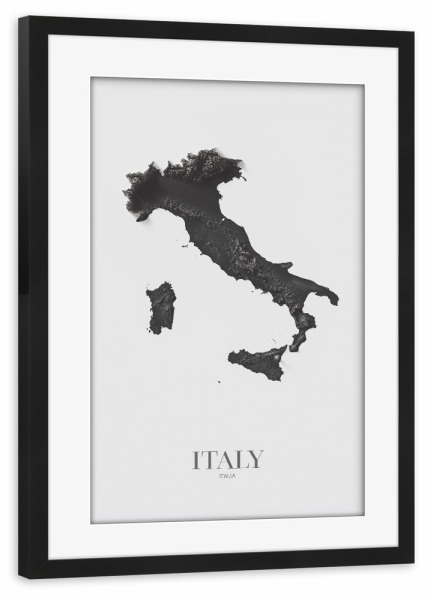 Poster mit Rahmen schwarz "Italien 3D-Karte - Black and White" artboxONE - Kartografie - Italien,Italien karte,3d karte,Karte,Minimal,Minimal karte
