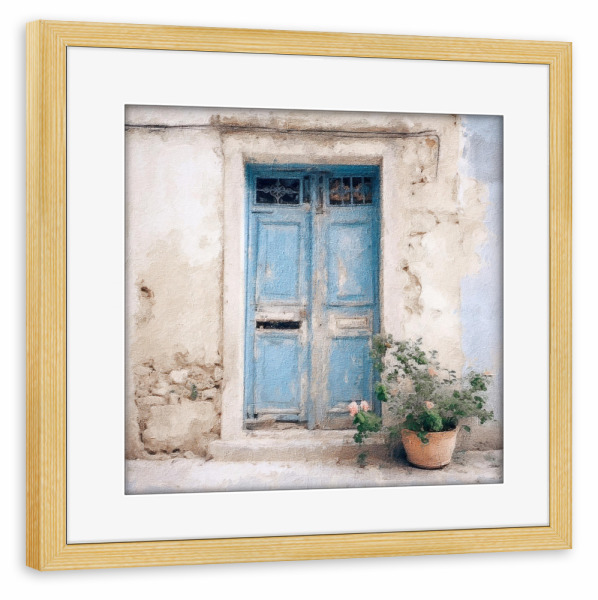 Poster mit Rahmen kiefer "Blaue griechische Tür D" artboxONE - Natur,Architektur,Städte / Weitere - Türen,Tür,Griechenland,Architektur,Pflanzen