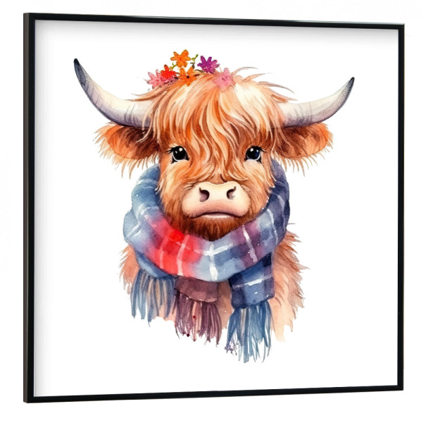 Poster mit schwarzem Rahmen 30x30 cm "Highland Cow Schal G" artboxONE - Tiere - Kuh,Rinder,Schal,Niedlich,Tiere,Kinder,Kindergarten,Baby,Winter,Herbst