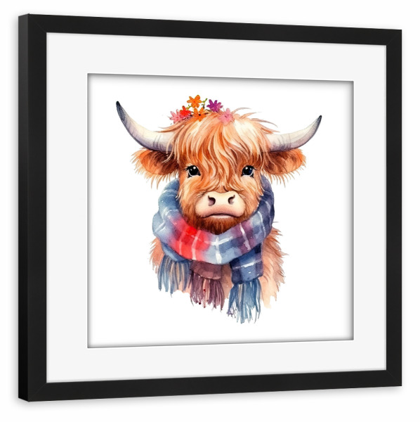 Poster mit Rahmen schwarz "Highland Cow Schal G" artboxONE - Tiere - Kuh,Rinder,Schal,Niedlich,Tiere,Kinder,Kindergarten,Baby,Winter,Herbst
